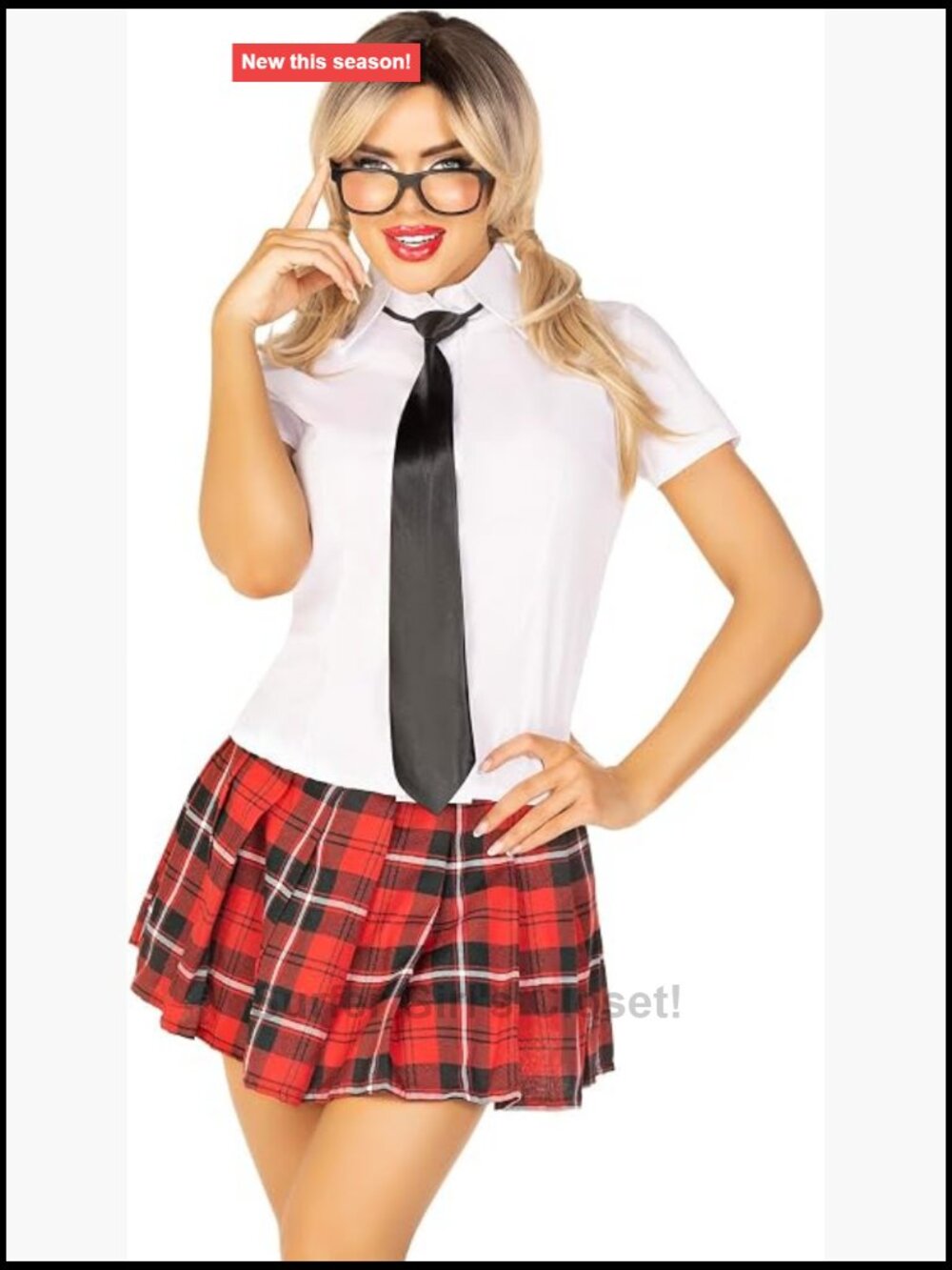 Women's 4pc Private School Sweetie Costume - Shirt, Plaid Skirt, Tie & Frames